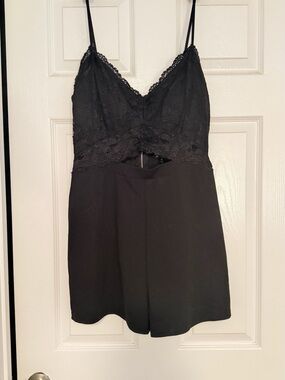 Justify Black Lace-Top Chemise Romper with Spaghetti Straps